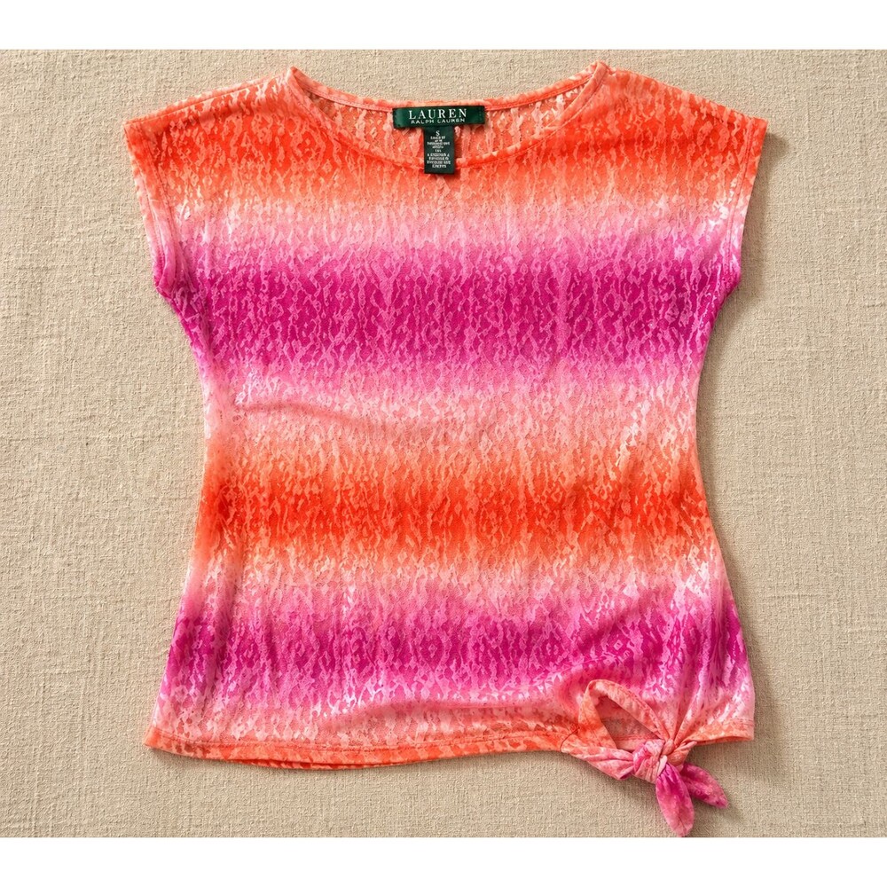 Lauren Ralph Lauren Top Womens Small Ombre Pink Orange Burnout Side Tie Blouse